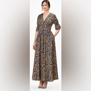 eShakti Blue and Gold Floral Long Sleeve Dress
